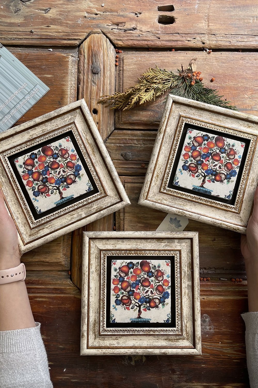 Oscar Stone Decor Çerçeveli Taş Duvar Dekoru Tablo 20x20cm 3'lü Set Nar Ağacı