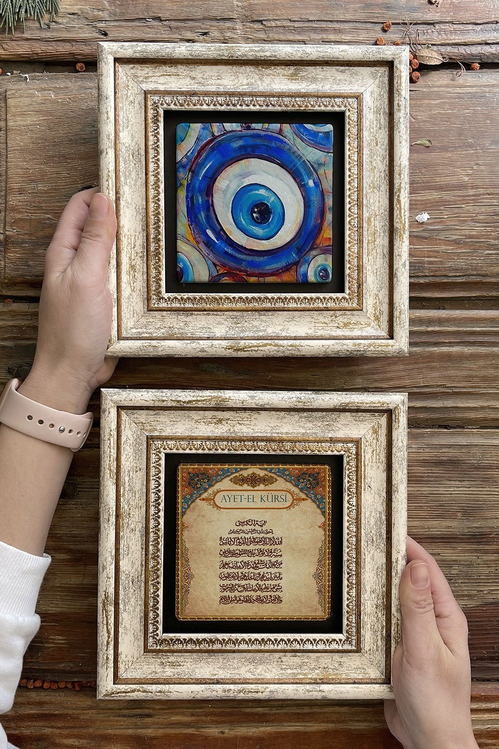 Oscar Stone Decor Çerçeveli Taş Duvar Dekoru Tablo 20x20cm 2'li Set (463-1481) Ayetel Nazar Boncuğu