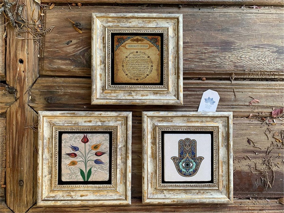 Oscar Stone Decor Çerçeveli Taş Duvar  Dekoru 20x20 cm 3 lü set Fatma Ana Bereket Duası Ebruli Çiçek