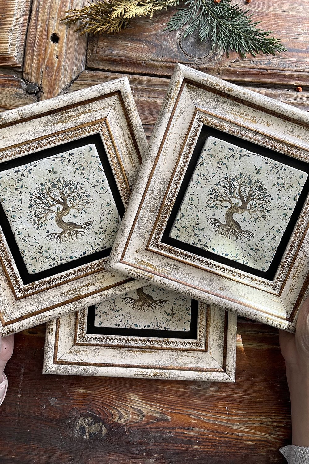Oscar Stone Decor Çerçeveli Taş Duvar Dekoru Tablo 20x20cm 3'lü Set Hayat Ağacı