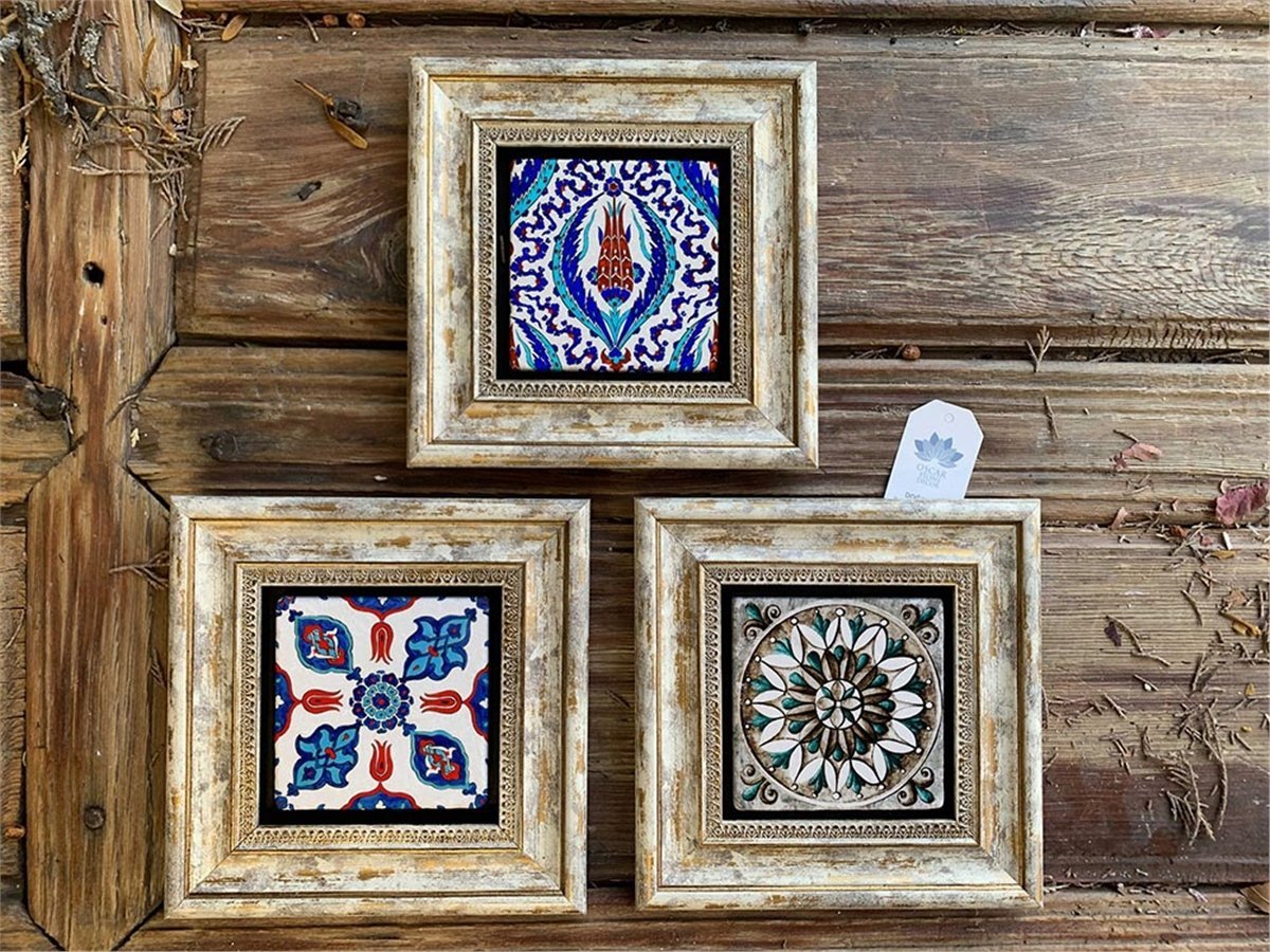 Oscar Stone Decor Çerçeveli Taş Duvar  Dekoru 20 x 20 cm 3 lü set  Çini Desen 3 Adet Çerçeveli pano
