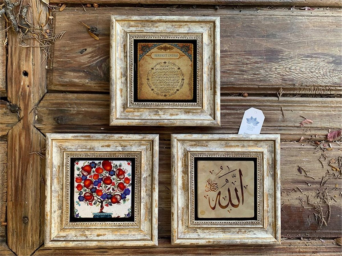 Oscar Stone Decor Çerçeveli Taş Duvar  Dekoru 20 x 20 cm 3 lü set Bereket Nar Ağacı Allah Yazısı