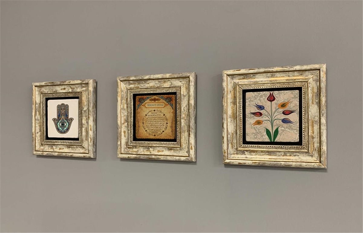 Oscar Stone Decor Çerçeveli Taş Duvar  Dekoru 20x20 cm 3 lü set Fatma Ana Bereket Duası Ebruli Çiçek