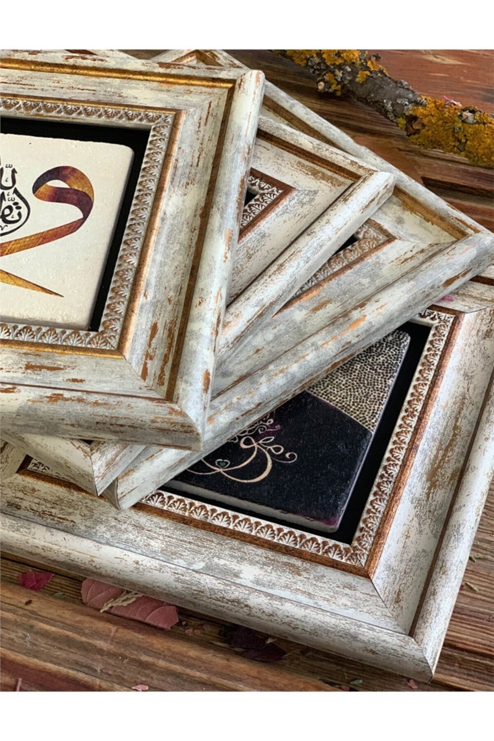 Oscar Stone Decor Çerçeveli Taş Duvar Dekoru Tablo 3'lü Set 20x20cm Nazar Dua Ayetel Kürsi Nar Dua