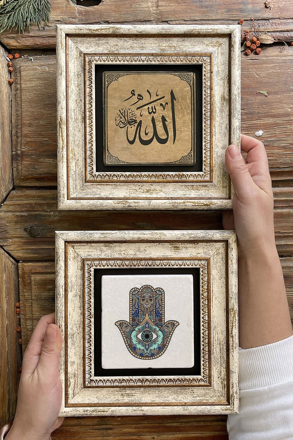 Oscar Stone Decor Çerçeveli Taş Duvar Dekoru Tablo 20x20cm 2'li Set (114-1115) Fatma Ana Allah