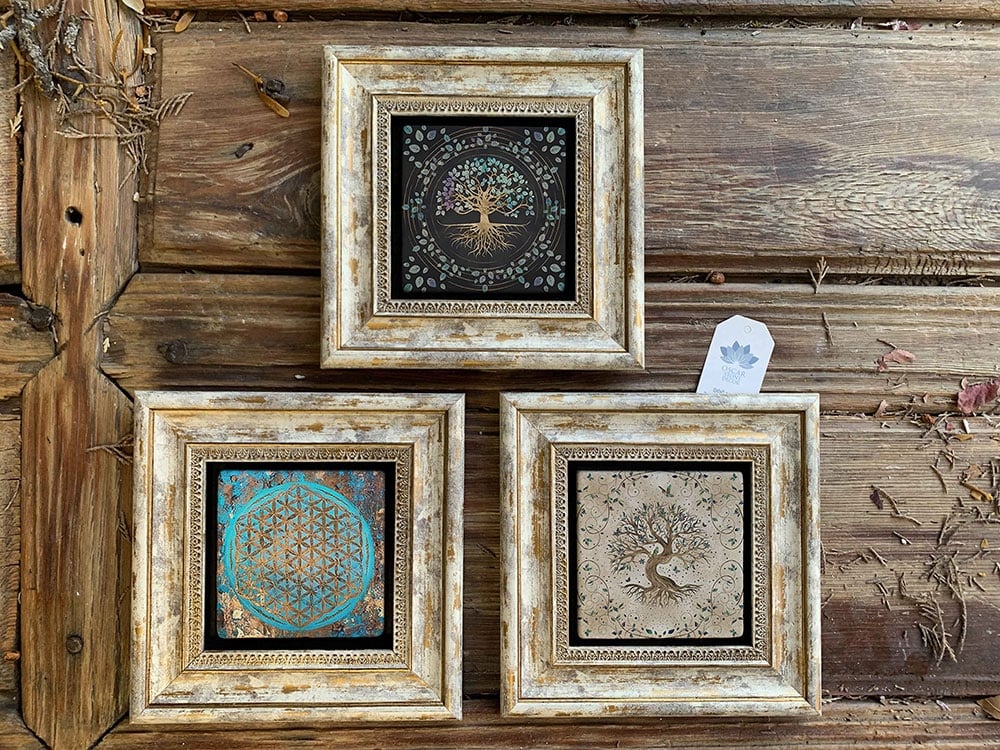 Oscar Stone Decor Çerçeveli Taş Duvar Dekoru Tablo 3'lü Set 20x20cm Fatma Ana Yaşam Çiçeği Hayat