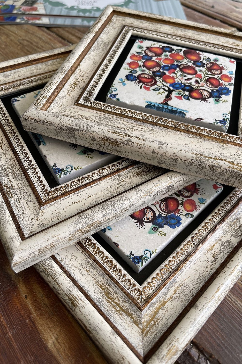 Oscar Stone Decor Çerçeveli Taş Duvar Dekoru Tablo 20x20cm 3'lü Set Nar Ağacı