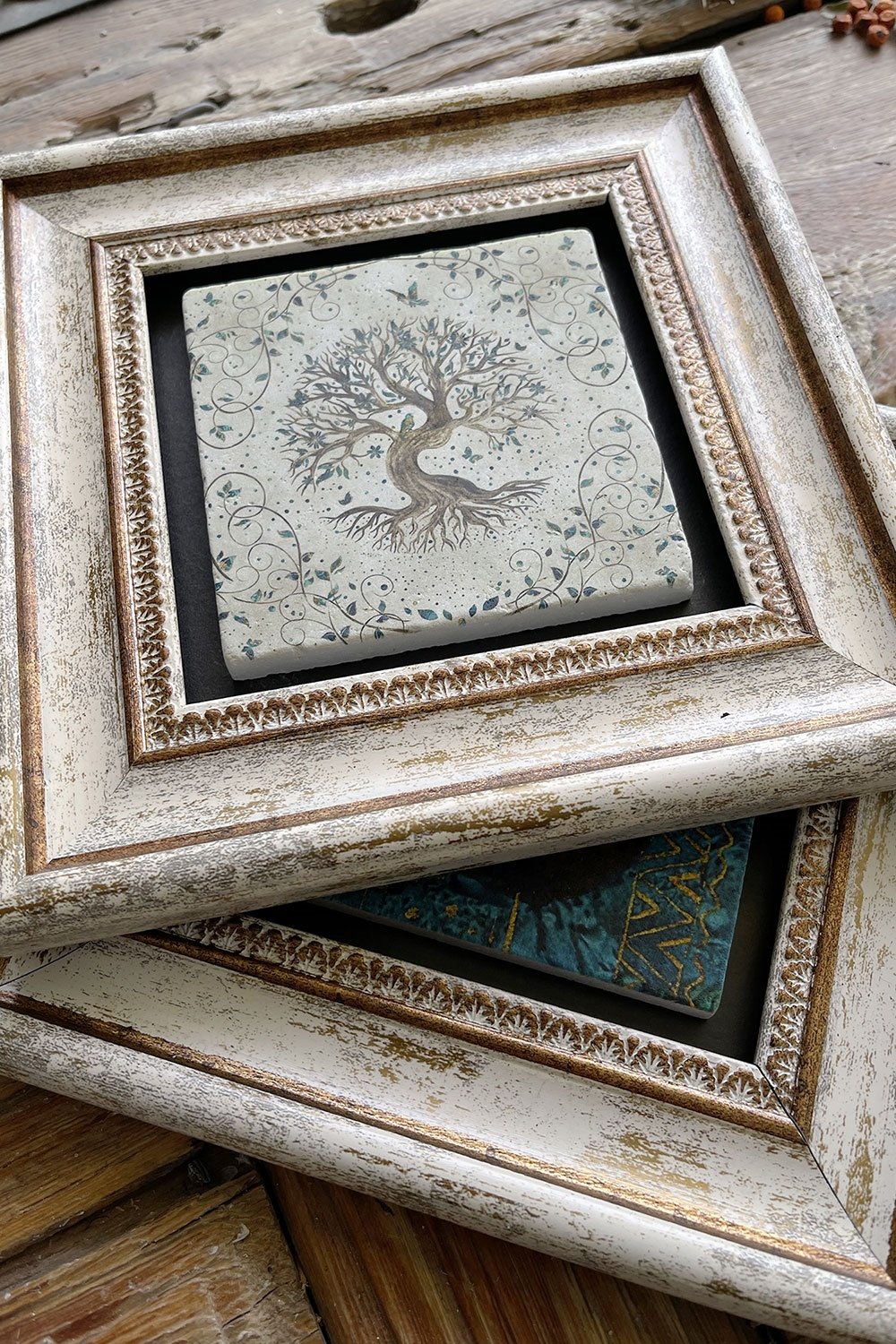 Oscar Stone Decor Çerçeveli Taş Duvar Dekoru Tablo 20x20cm 2'li Set (540-480) Hayat Ağacı Nar