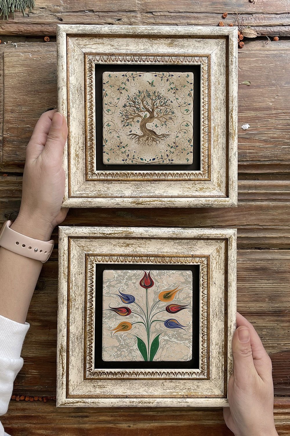 Oscar Stone Decor Çerçeveli Taş Duvar Dekoru Tablo 20x20cm 2'li Set (540-499) Hayat Ağacı Ebruli