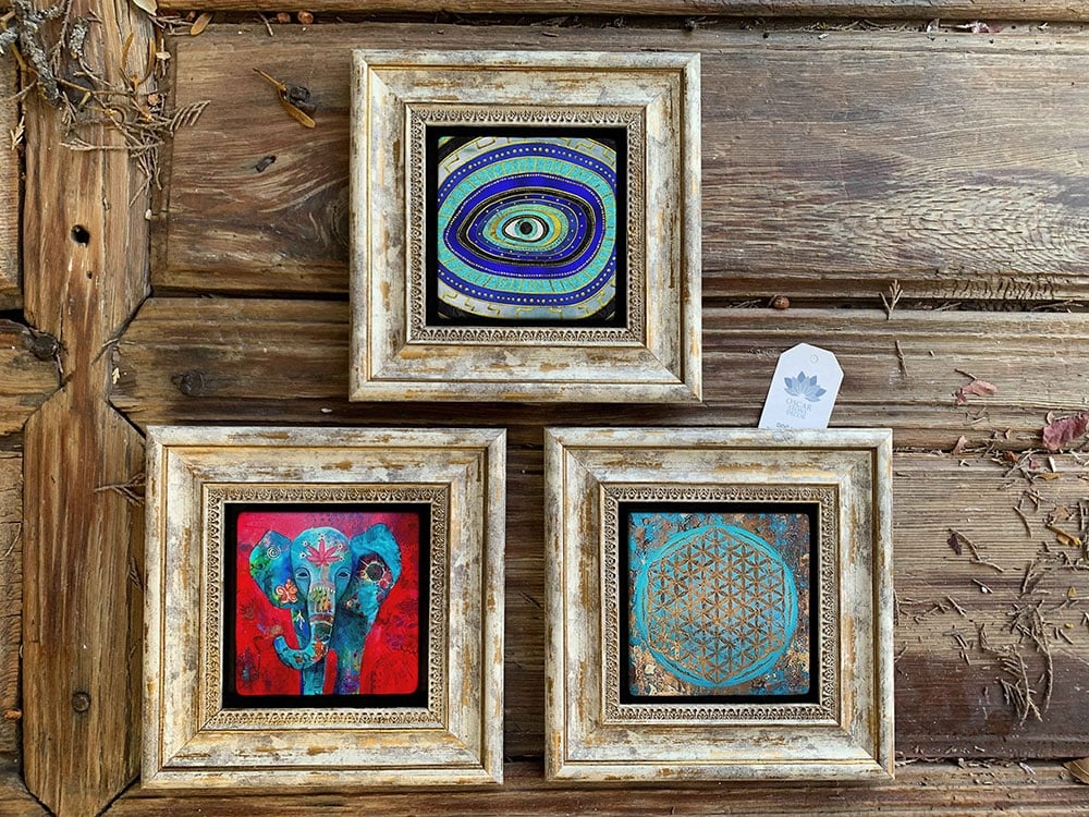 Oscar Stone Decor Çerçeveli Taş Duvar Dekoru Tablo 3'lü Set 20x20cm Nazar Göz Yaşam Çiçeği Fil