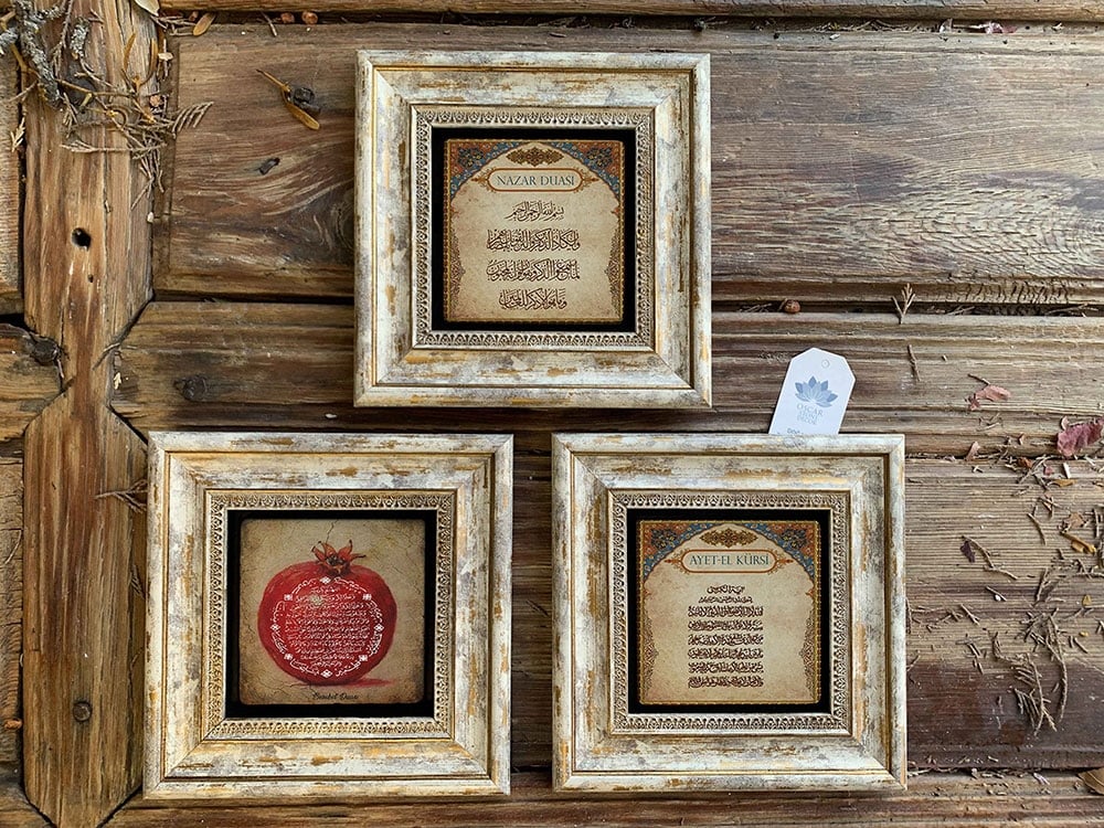 Oscar Stone Decor Çerçeveli Taş Duvar Dekoru Tablo 3'lü Set 20x20cm Nazar Dua Ayetel Kürsi Nar Dua