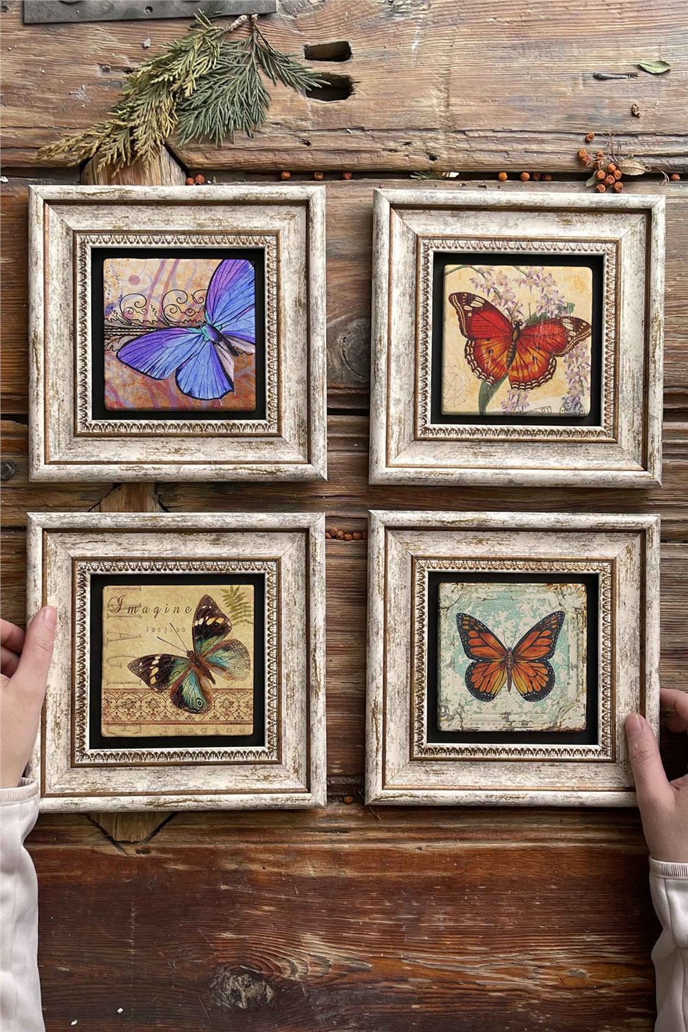 Oscar Stone Decor Çerçeveli Taş Tablo Duvar Dekoru 20x20cm 4'lü Set