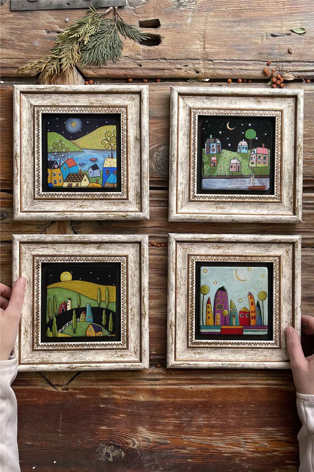 Oscar Stone Decor Çerçeveli Taş Tablo Duvar Dekoru 20x20cm 4'lü Set