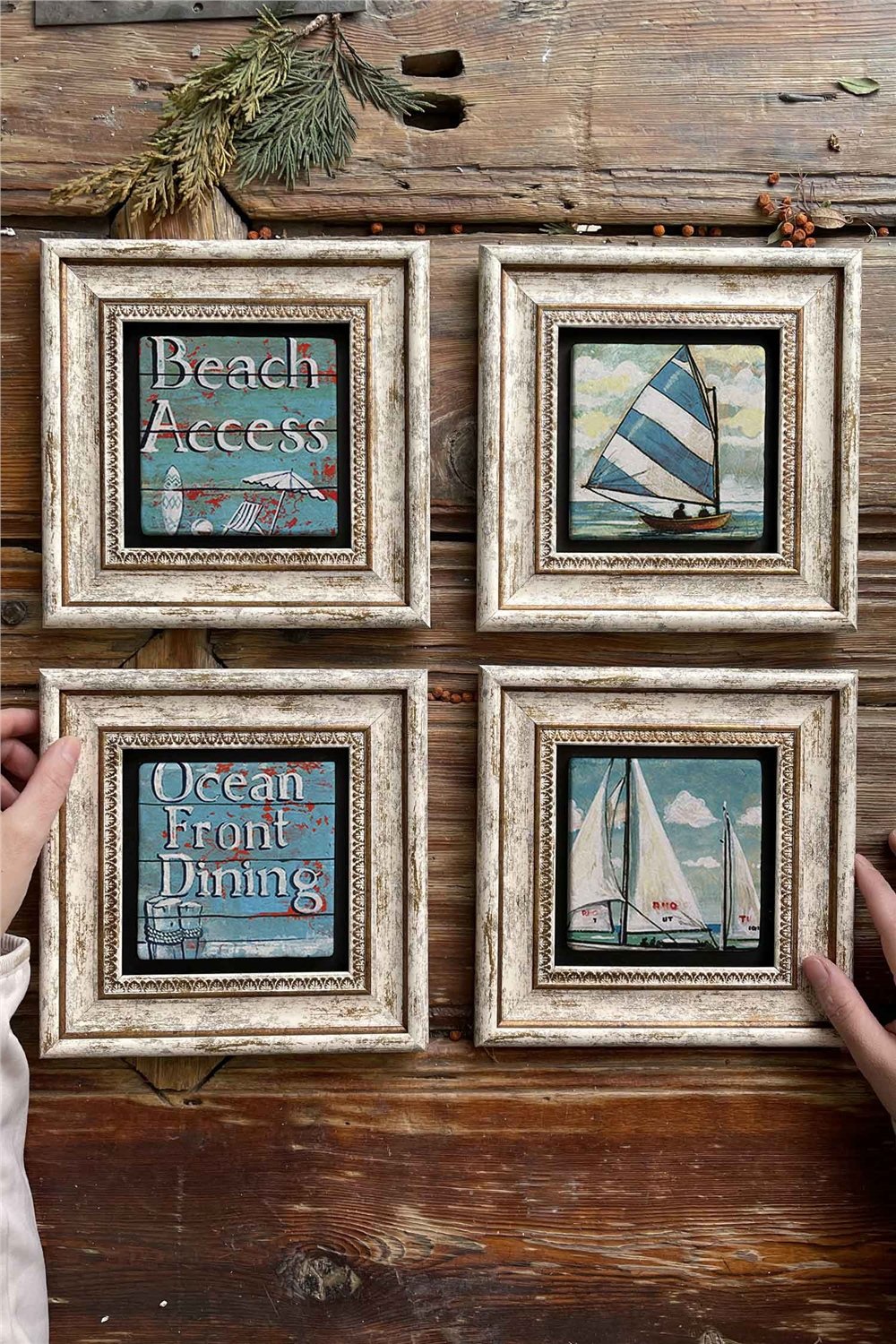 Oscar Stone Decor Çerçeveli Taş Tablo Duvar Dekoru 20x20cm 4'lü Set Sahil Yelkenli Tabloları