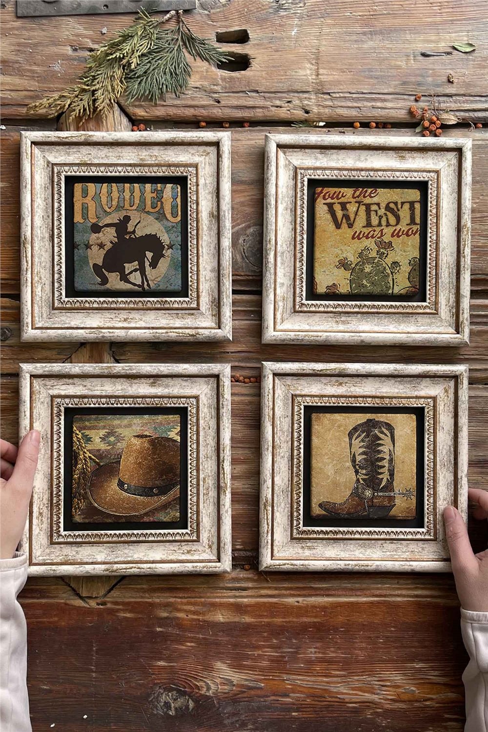 Oscar Stone Decor Çerçeveli Taş Tablo Duvar Dekoru 20x20cm 4'lü Set Rodeo West Kovboy Set