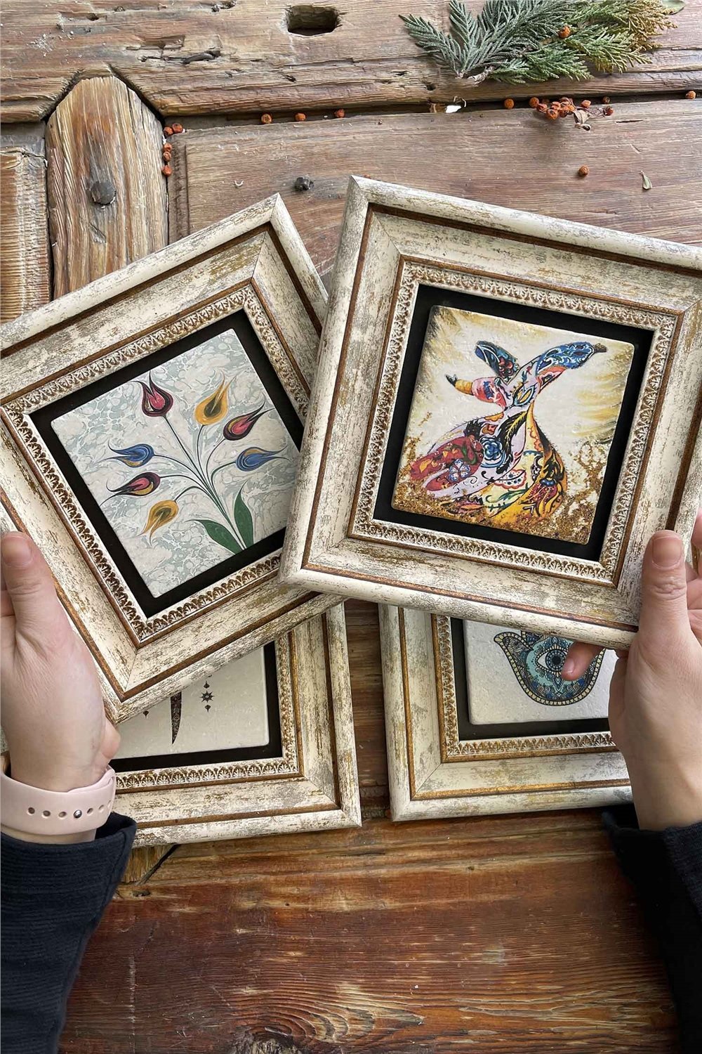 Oscar Stone Decor Çerçeveli Taş Tablo 20x20cm 4'lü Set(499-60-321-114)Ebruli Semazen Elif Fatma Ana