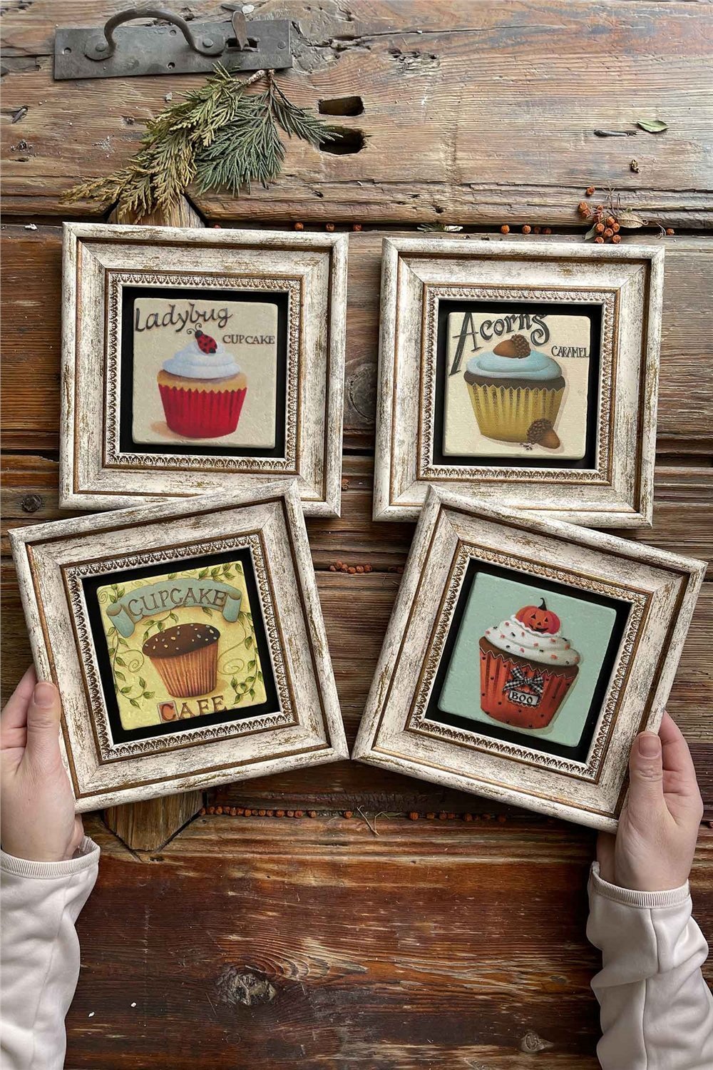 Oscar Stone Decor Çerçeveli Taş Tablo Duvar Dekoru 20x20cm 4'lü Set Ladybug Cupcake