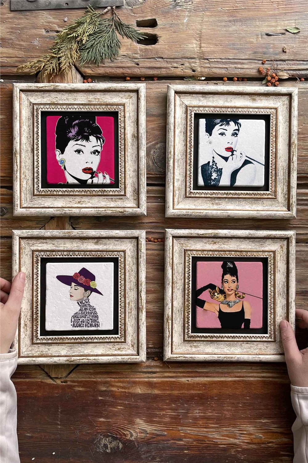 Oscar Stone Decor Çerçeveli Taş Tablo Duvar Dekoru 20x20cm 4'lü Set Audret Hepburn Set