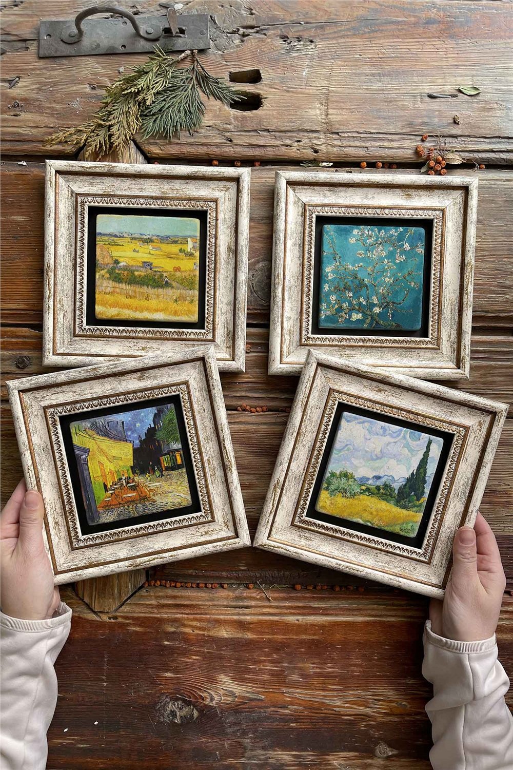 Oscar Stone Decor Çerçeveli Taş Tablo Duvar Dekoru 20x20cm 4'lü Set Van Gogh Tabloları