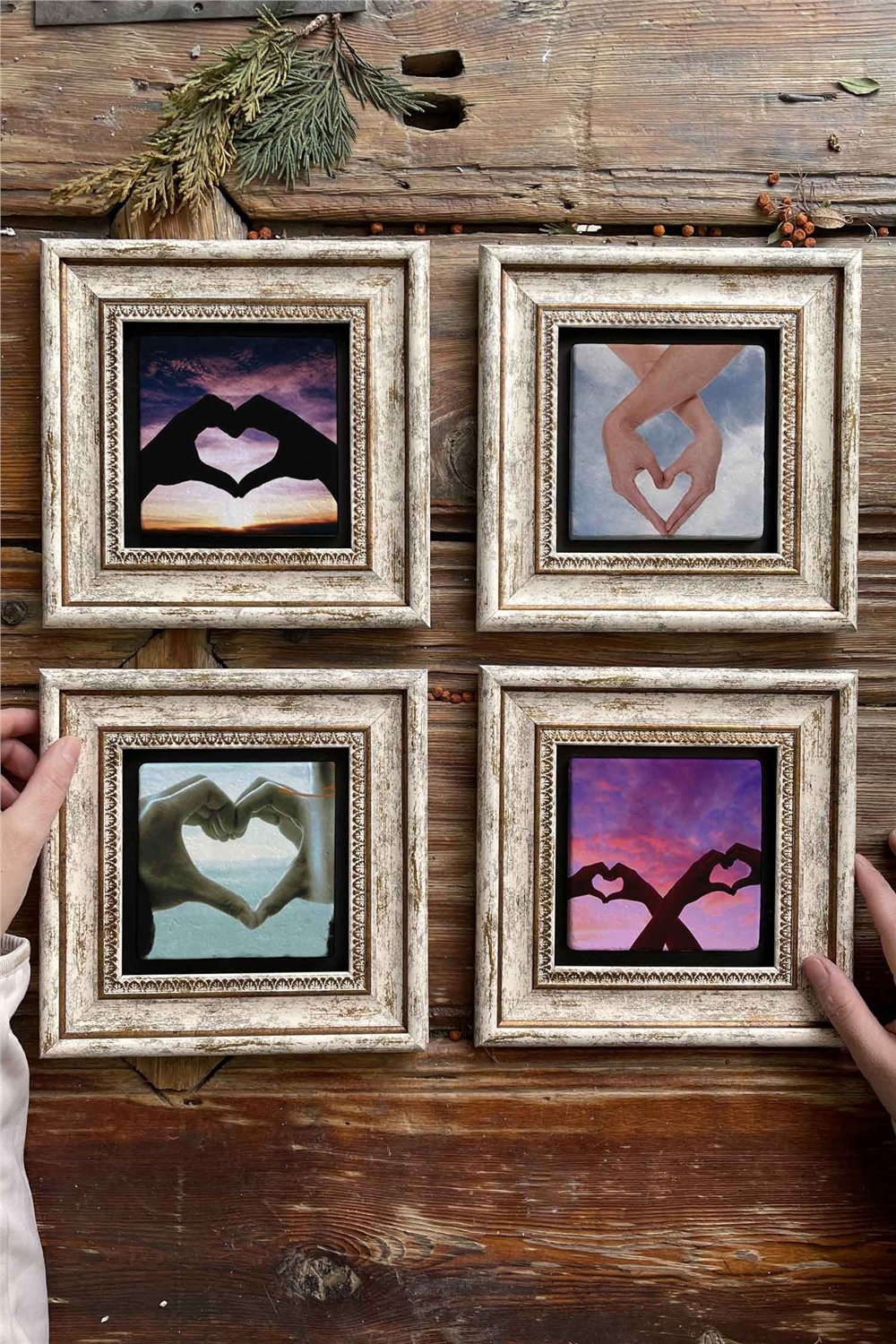 Oscar Stone Decor Çerçeveli Taş Tablo Duvar Dekoru 20x20cm 4'lü Set