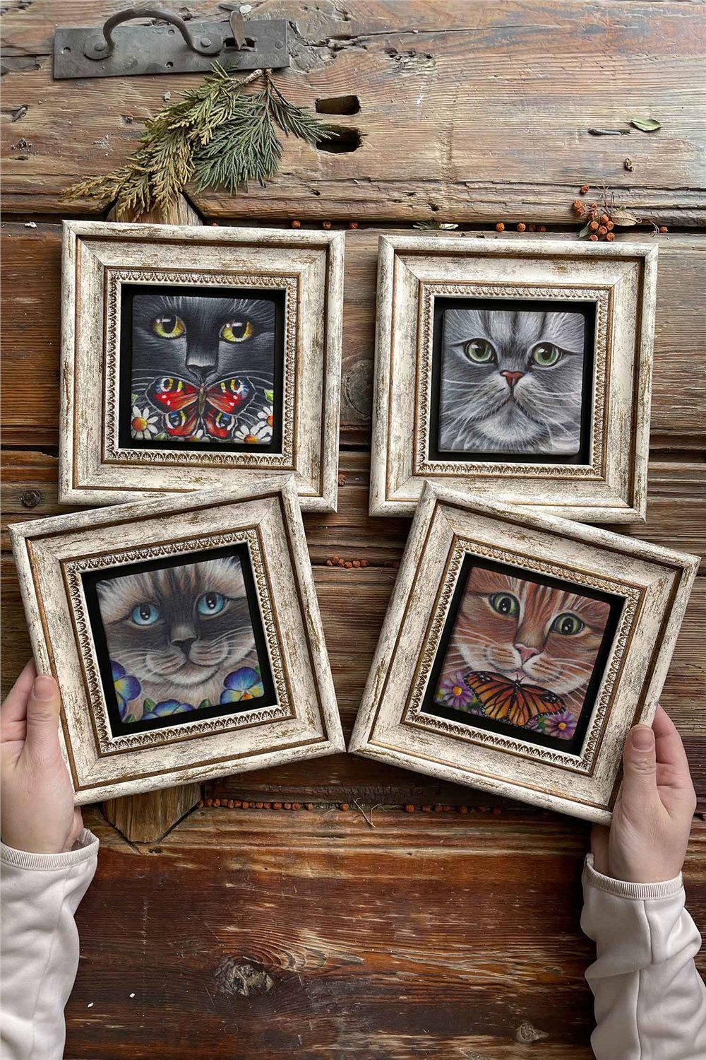 Oscar Stone Decor Çerçeveli Taş Tablo Duvar Dekoru 20x20cm 4'lü Set Kedi Set