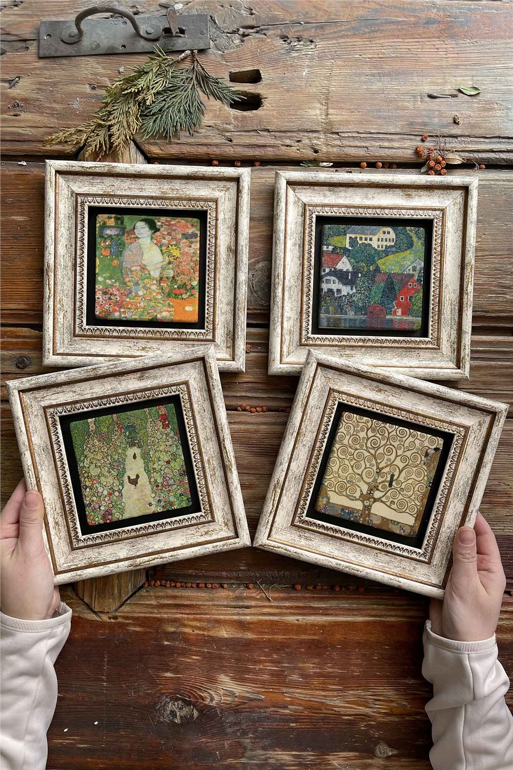 Oscar Stone Decor Çerçeveli Taş Tablo Duvar Dekoru 20x20cm 4'lü Set Gustav Klimt Tabloları