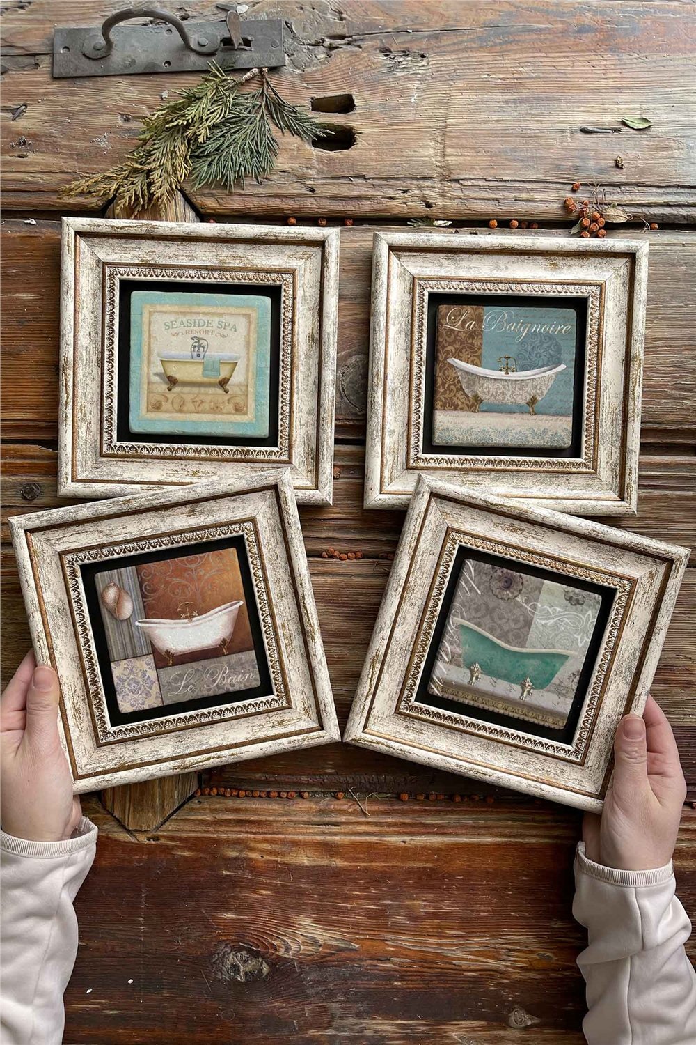 Oscar Stone Decor Çerçeveli Taş Tablo Duvar Dekoru 20x20cm 4'lü Set Eski Banyo Küveti