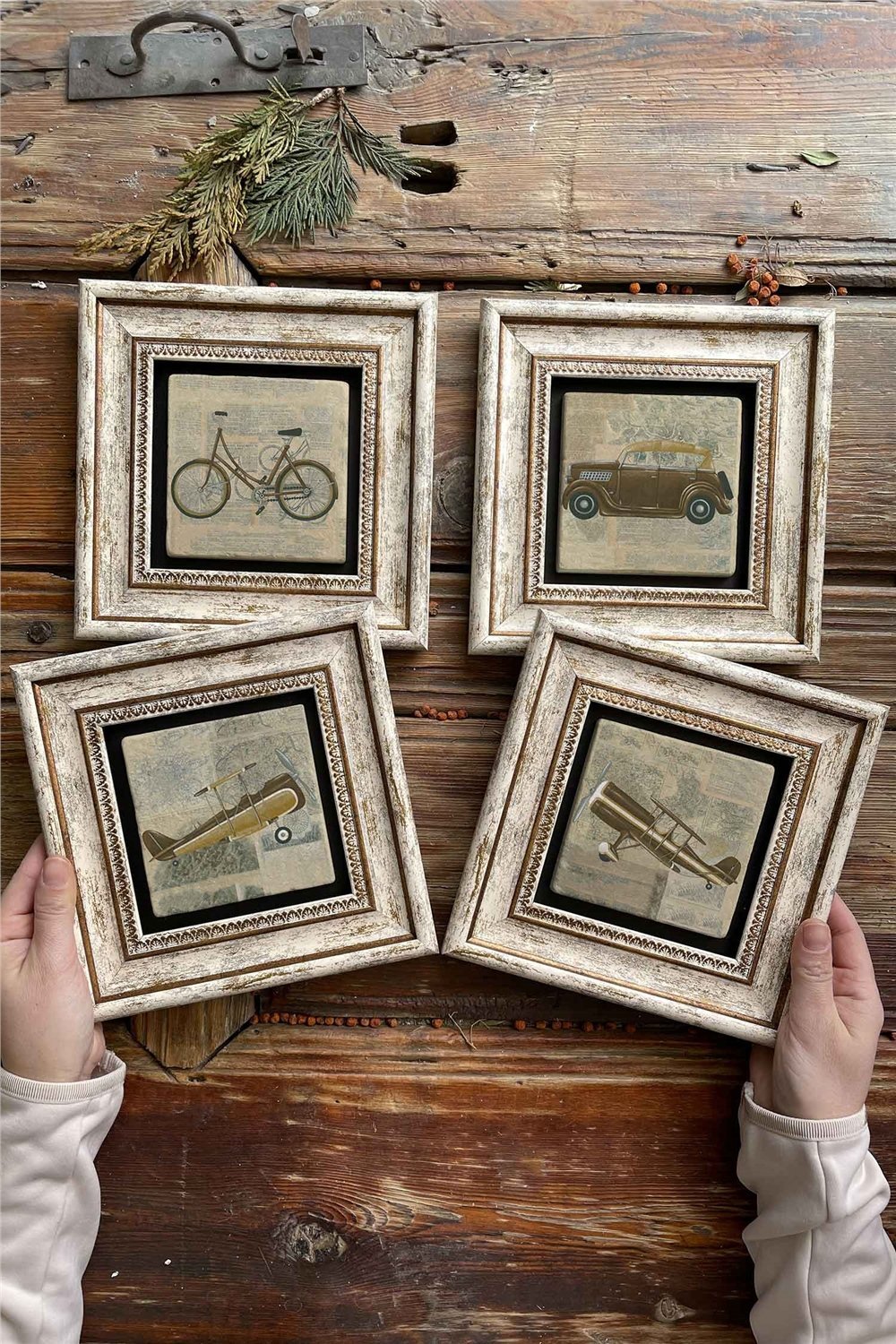 Oscar Stone Decor Çerçeveli Taş Tablo Duvar Dekoru 20x20cm 4'lü Set Uçak Bisiklet Araba Seti