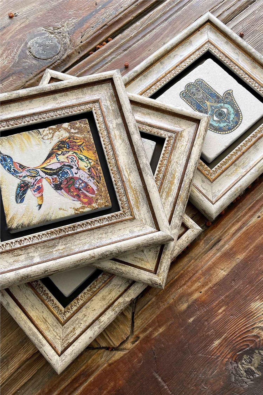 Oscar Stone Decor Çerçeveli Taş Tablo 20x20cm 4'lü Set(499-60-321-114)Ebruli Semazen Elif Fatma Ana