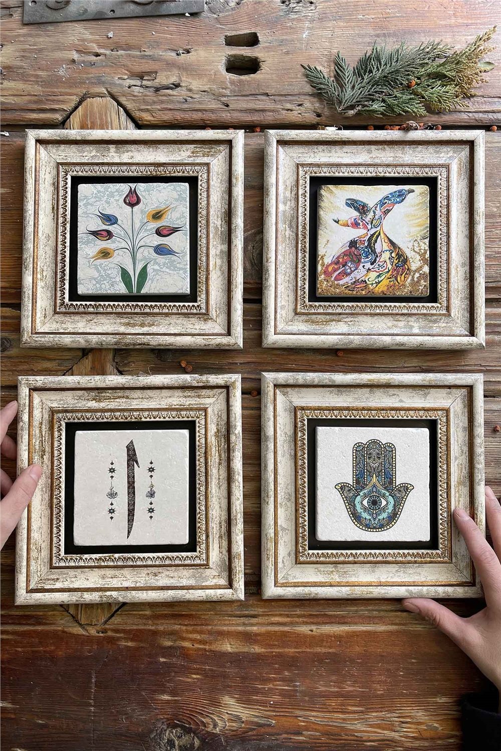 Oscar Stone Decor Çerçeveli Taş Tablo 20x20cm 4'lü Set(499-60-321-114)Ebruli Semazen Elif Fatma Ana