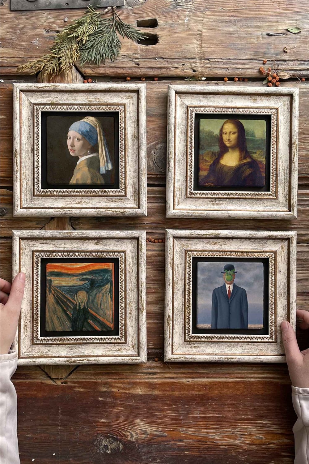 Oscar Stone Decor Çerçeveli Taş Tablo Duvar Dekoru 20x20cm 4'lü Set Çığlık Mona Lisa İnci Küpeli