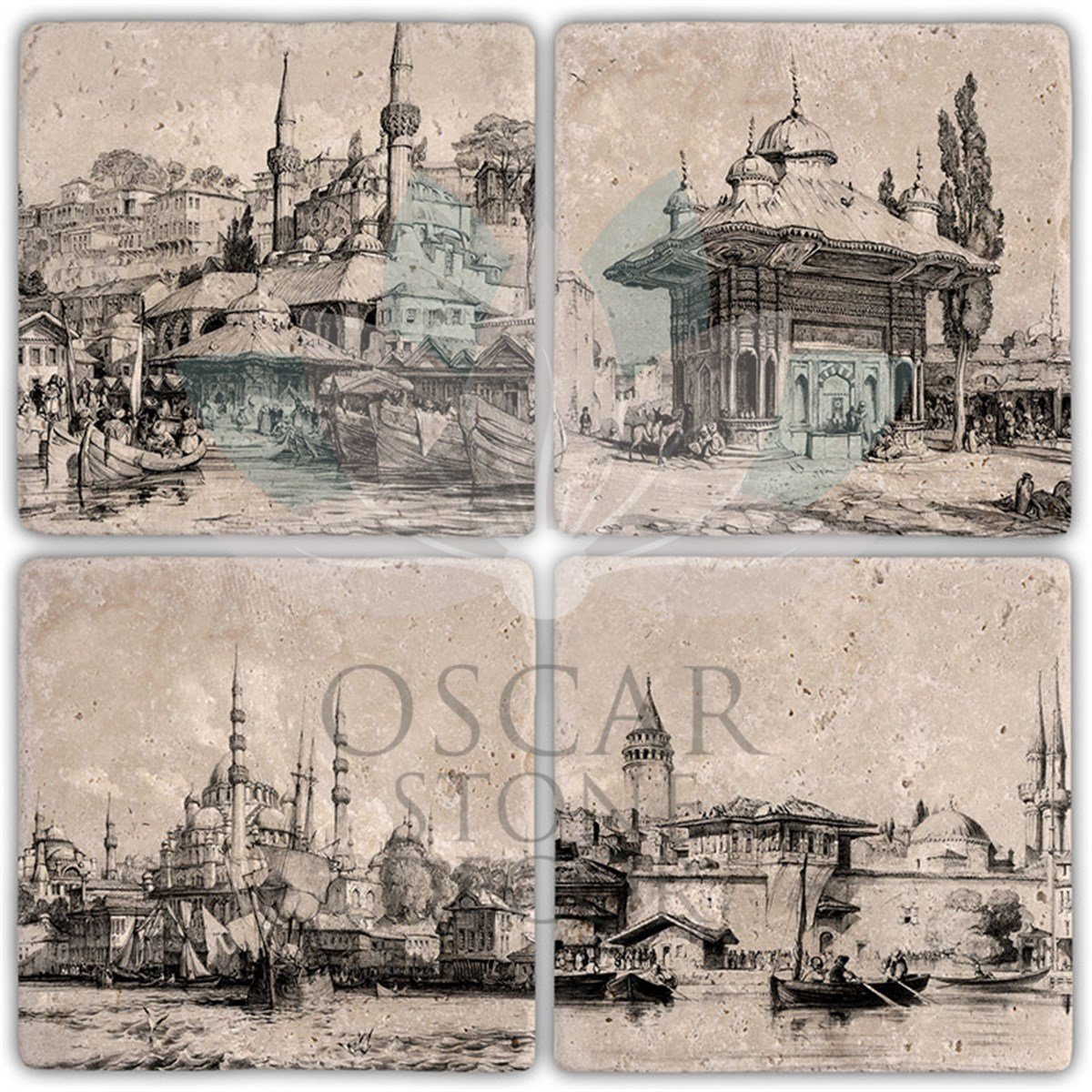 OSCAR STONE DECOR GRAVÜRLER 4'lü DOĞALTAŞ BARDAK ALTLIĞI / BA389 (COASTER)