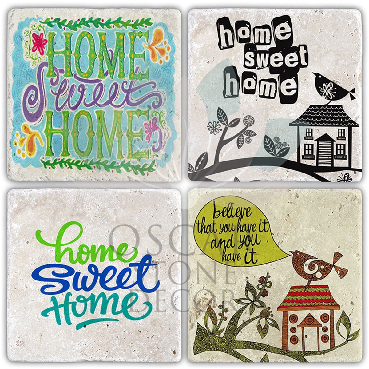 OSCAR STONE DECOR HOME SWEET HOME 4'lü DOĞALTAŞ BARDAK ALTLIĞI / BA454 (COASTER)