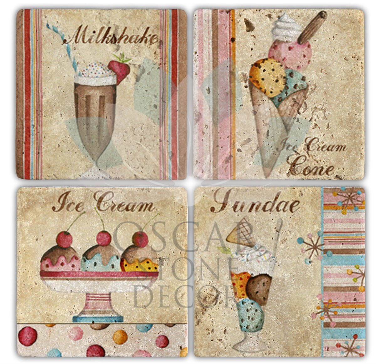 OSCAR STONE DECOR ICE CREAM 4'lü DOĞALTAŞ BARDAK ALTLIĞI / BA085 (COASTER)