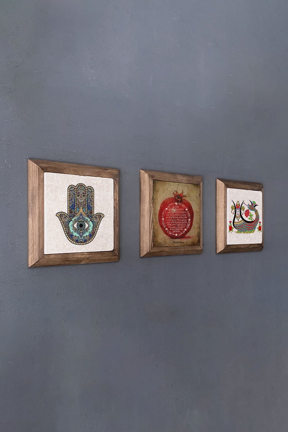 Oscar Stone Decor Masif (Ahşap) Çerçeveli 3lü Set Taş Tablo Pano 28x28 cm Nar Dua Fatma Ana Şahmeran