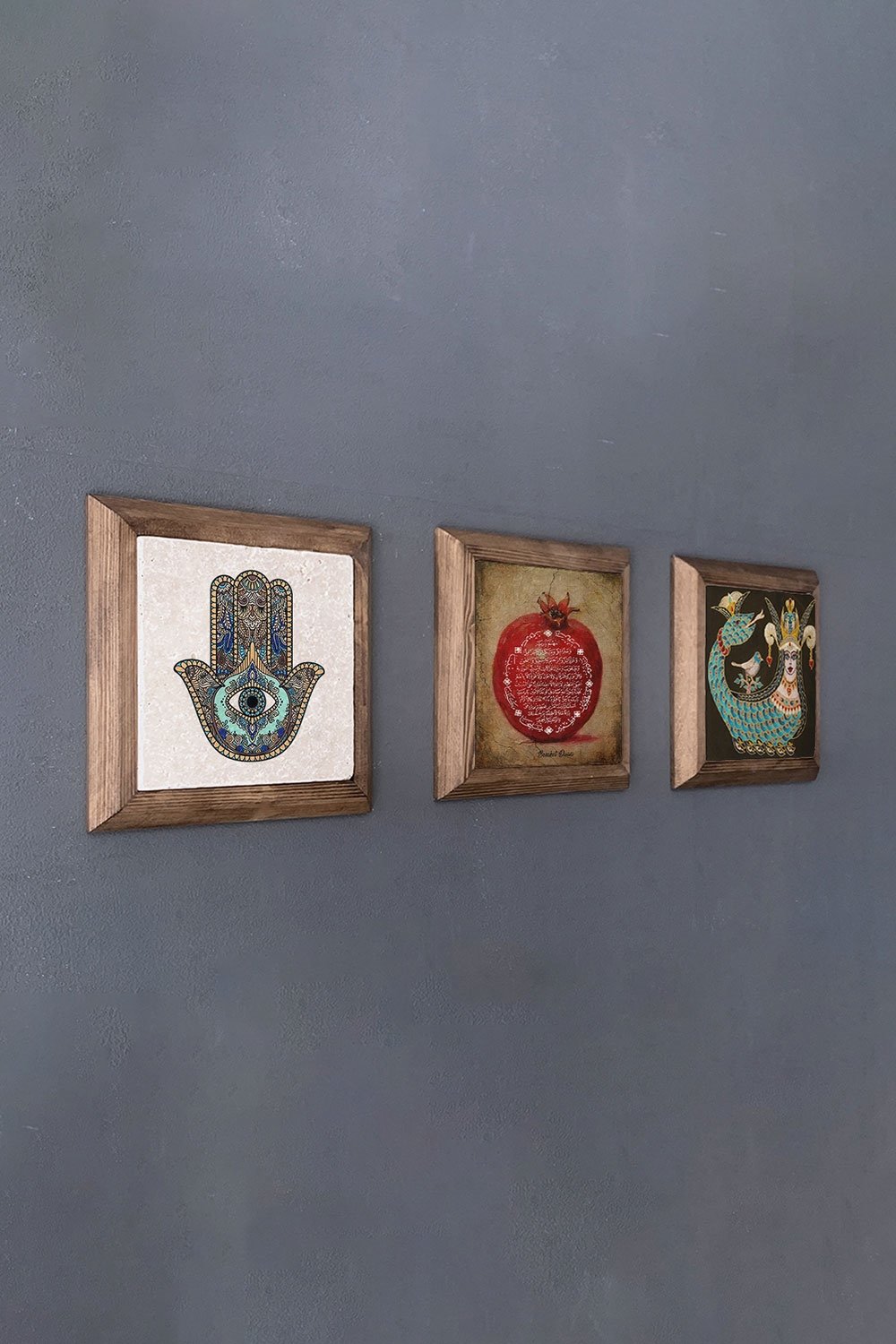 Oscar Stone Decor Masif (Ahşap) Çerçeveli 3'lü Set Taş Tablo Pano 28x28 cm Fatma Ana Eli Şahmeran
