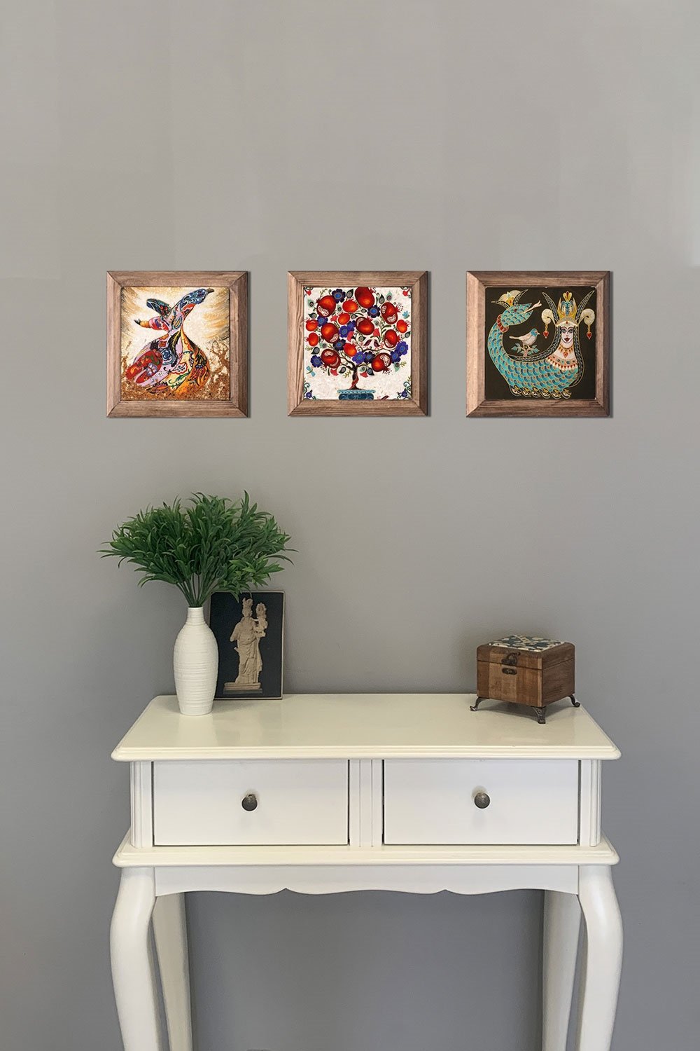 Oscar Stone Decor Masif (Ahşap) Çerçeveli 3'lü Set Taş Tablo Pano 28x28 cm Semazen Şahmeran Nar