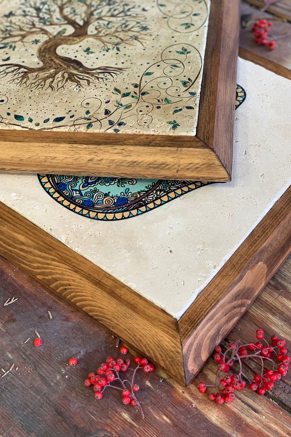 Oscar Stone Decor Masif (Ahşap) Çerçeveli 3'lü Set Taş Tablo Pano 28x28 cm Ayetel Vav Esmaül Hüsna