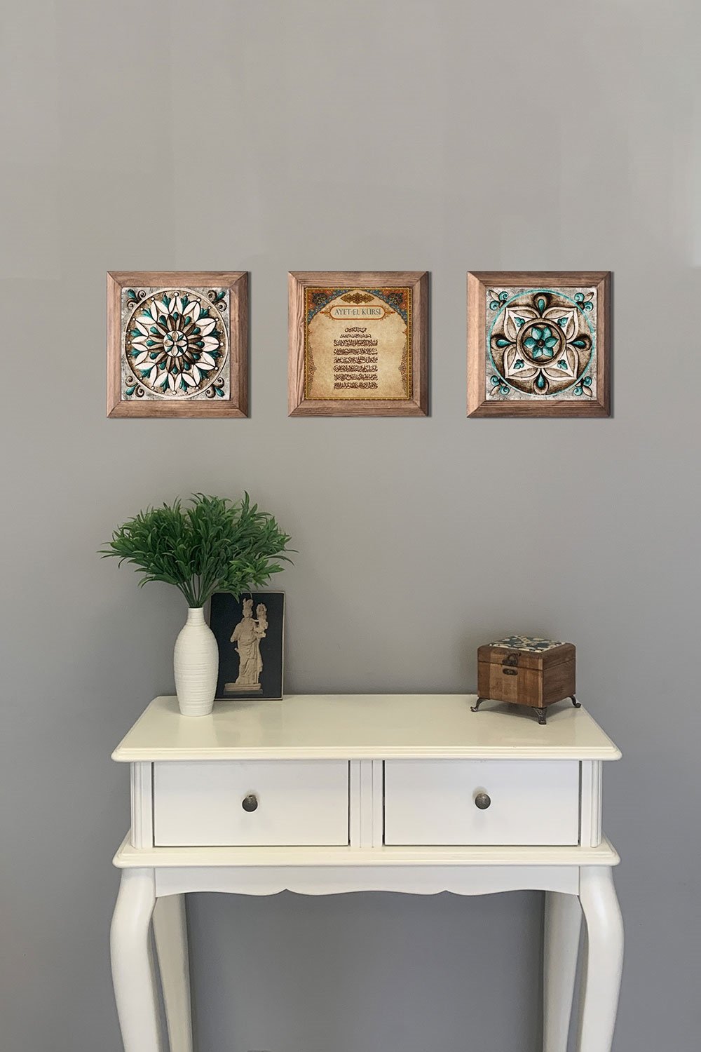 Oscar Stone Decor Masif (Ahşap) Çerçeveli 3'lü Set Taş Tablo Pano 28x28 cm Desen Seti Ayetel Kürsi
