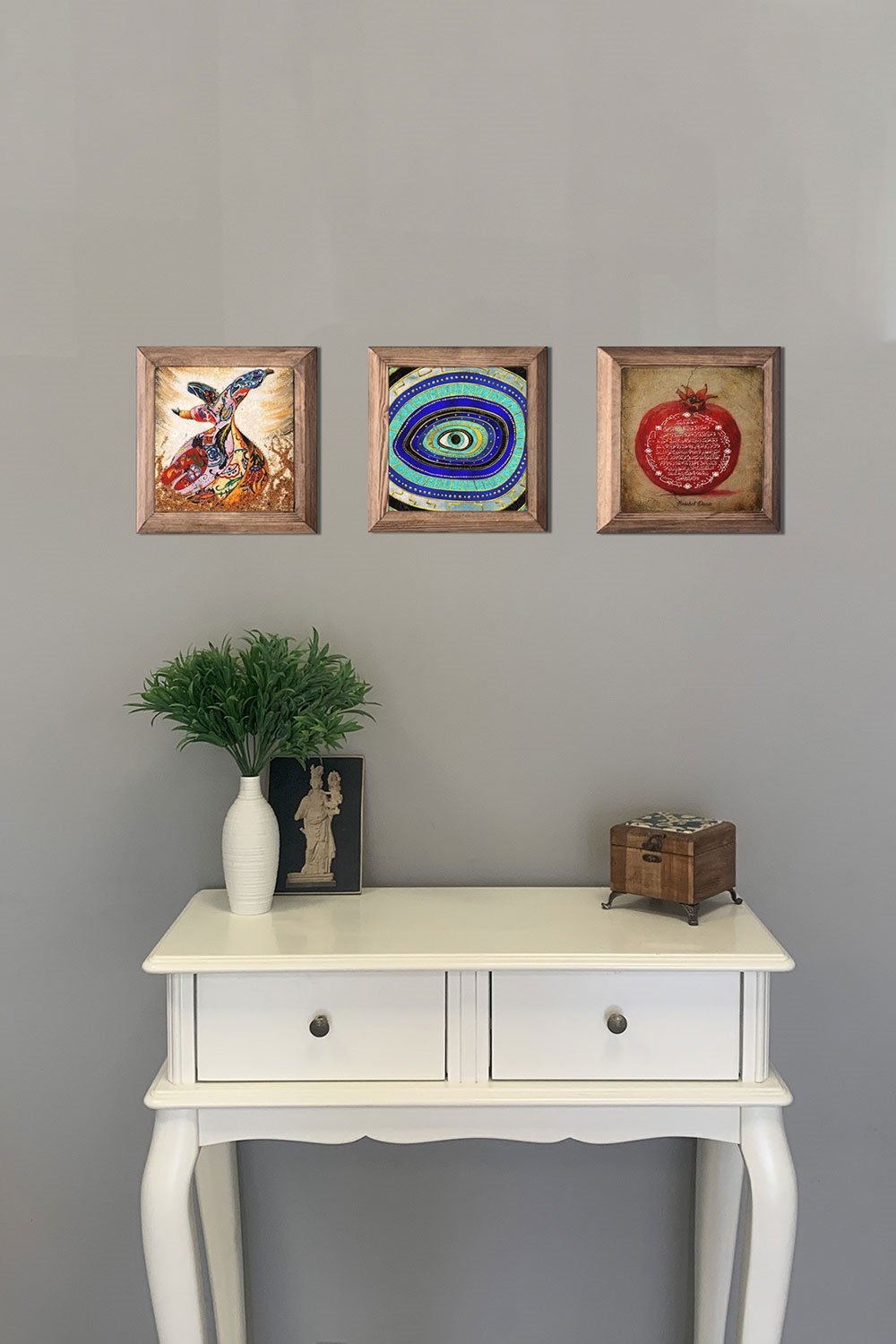 Oscar Stone Decor Masif (Ahşap) Çerçeveli 3'lü Set Taş Tablo Pano 28x28 cm Semazen Nar Dua Nazar Göz