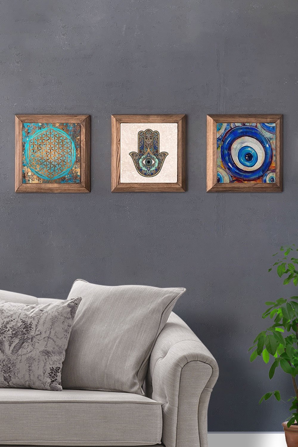 Oscar Stone Decor Masif (Ahşap) Çerçeveli 3'lü Set Taş Tablo Pano 28x28 cm Yaşam Çiçeği Nazar Fatma