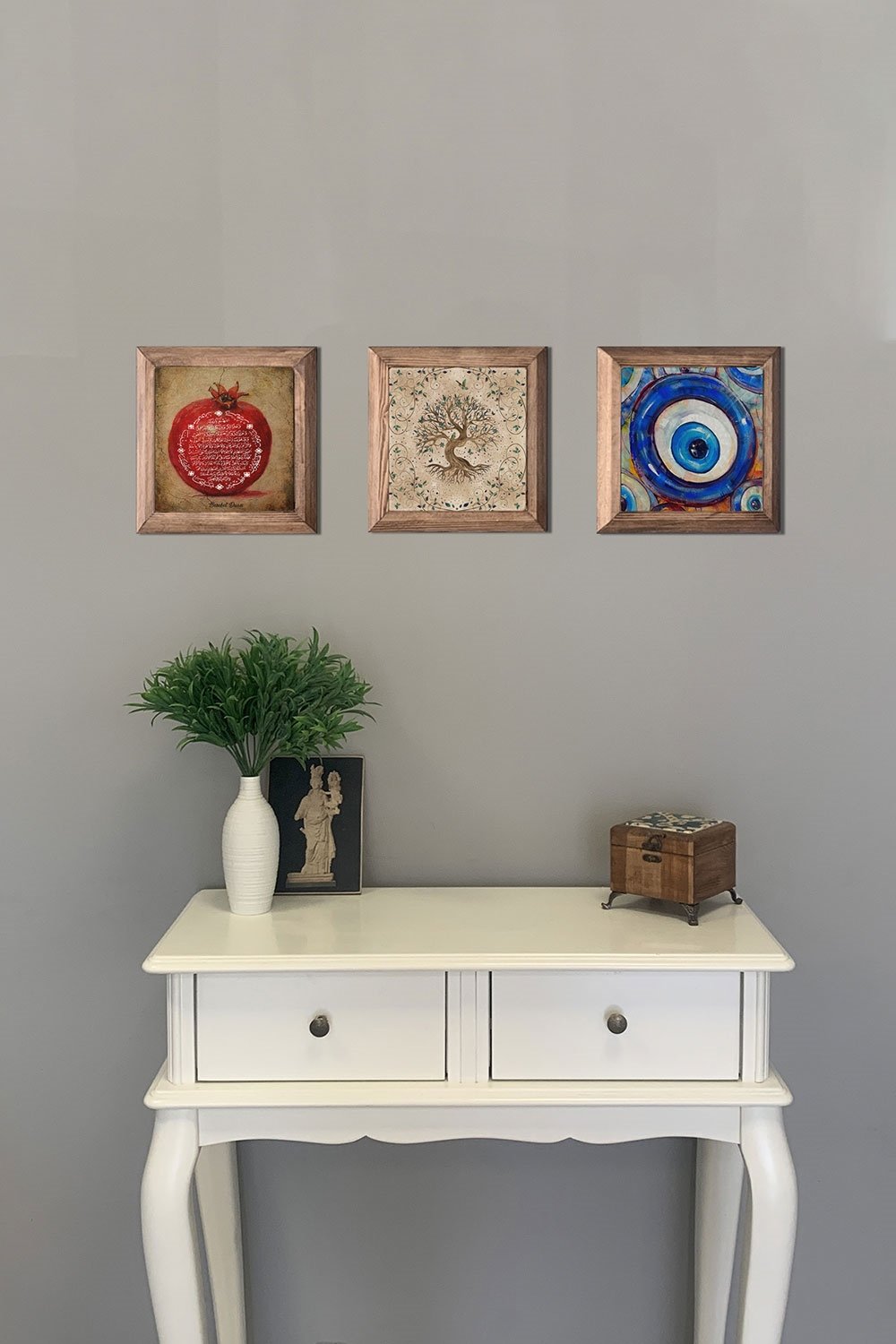 Oscar Stone Decor Masif (Ahşap) Çerçeveli 3'lü Set Taş Tablo Pano 28x28 cm Nar Duası Hayat Ağacı