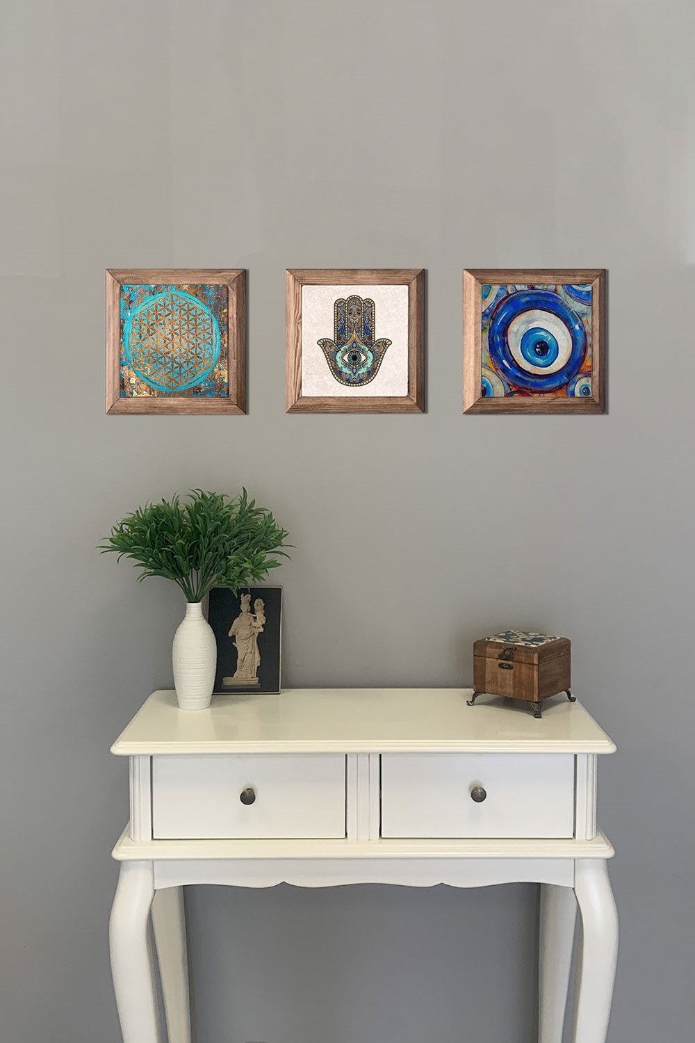 Oscar Stone Decor Masif (Ahşap) Çerçeveli 3'lü Set Taş Tablo Pano 28x28 cm Yaşam Çiçeği Nazar Fatma