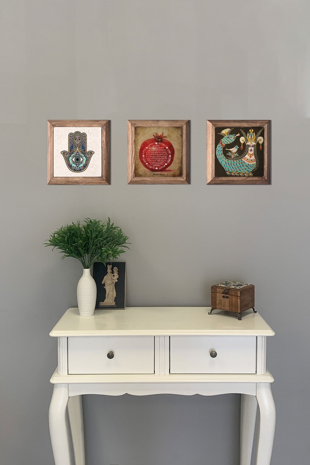 Oscar Stone Decor Masif (Ahşap) Çerçeveli 3'lü Set Taş Tablo Pano 28x28 cm Fatma Ana Eli Şahmeran