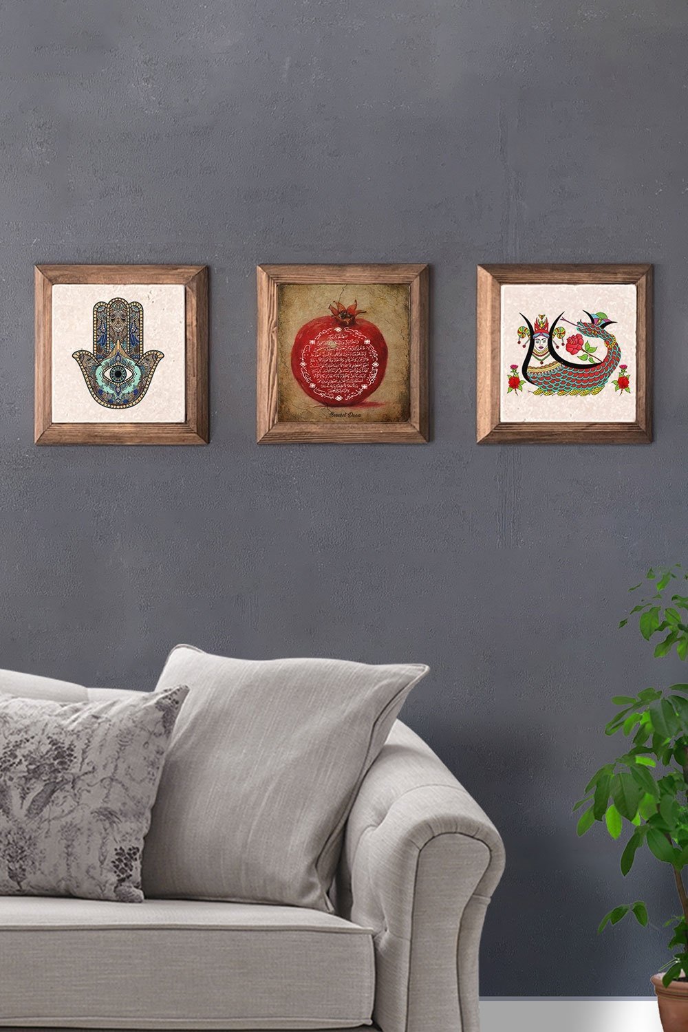 Oscar Stone Decor Masif (Ahşap) Çerçeveli 3lü Set Taş Tablo Pano 28x28 cm Nar Dua Fatma Ana Şahmeran