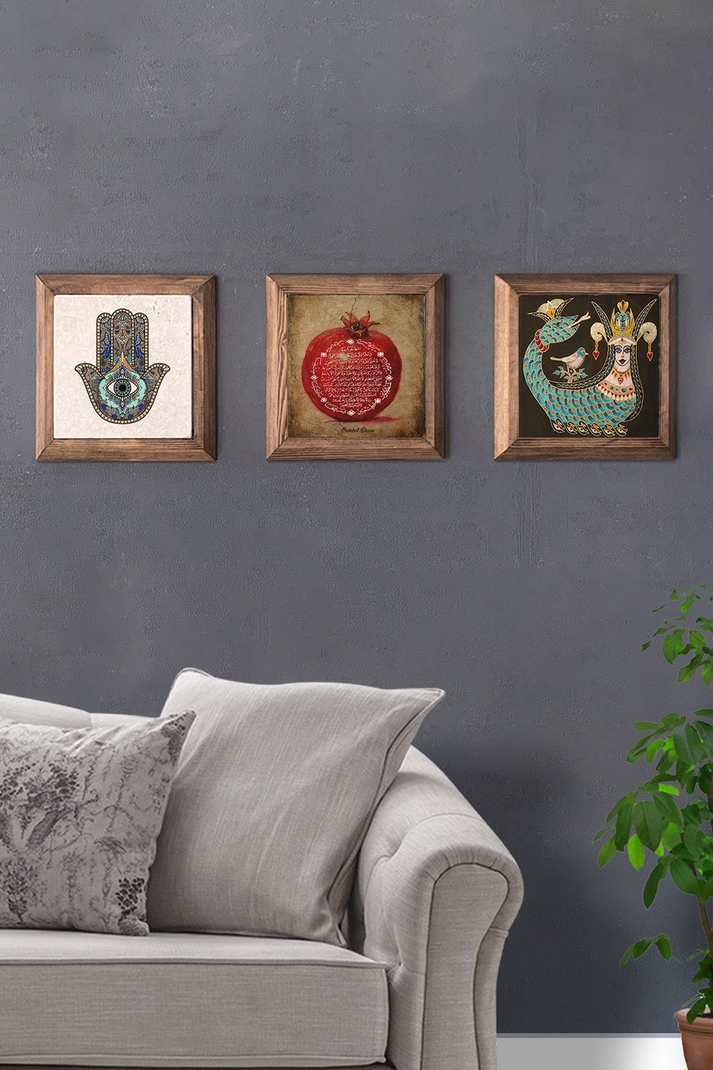 Oscar Stone Decor Masif (Ahşap) Çerçeveli 3'lü Set Taş Tablo Pano 28x28 cm Fatma Ana Eli Şahmeran