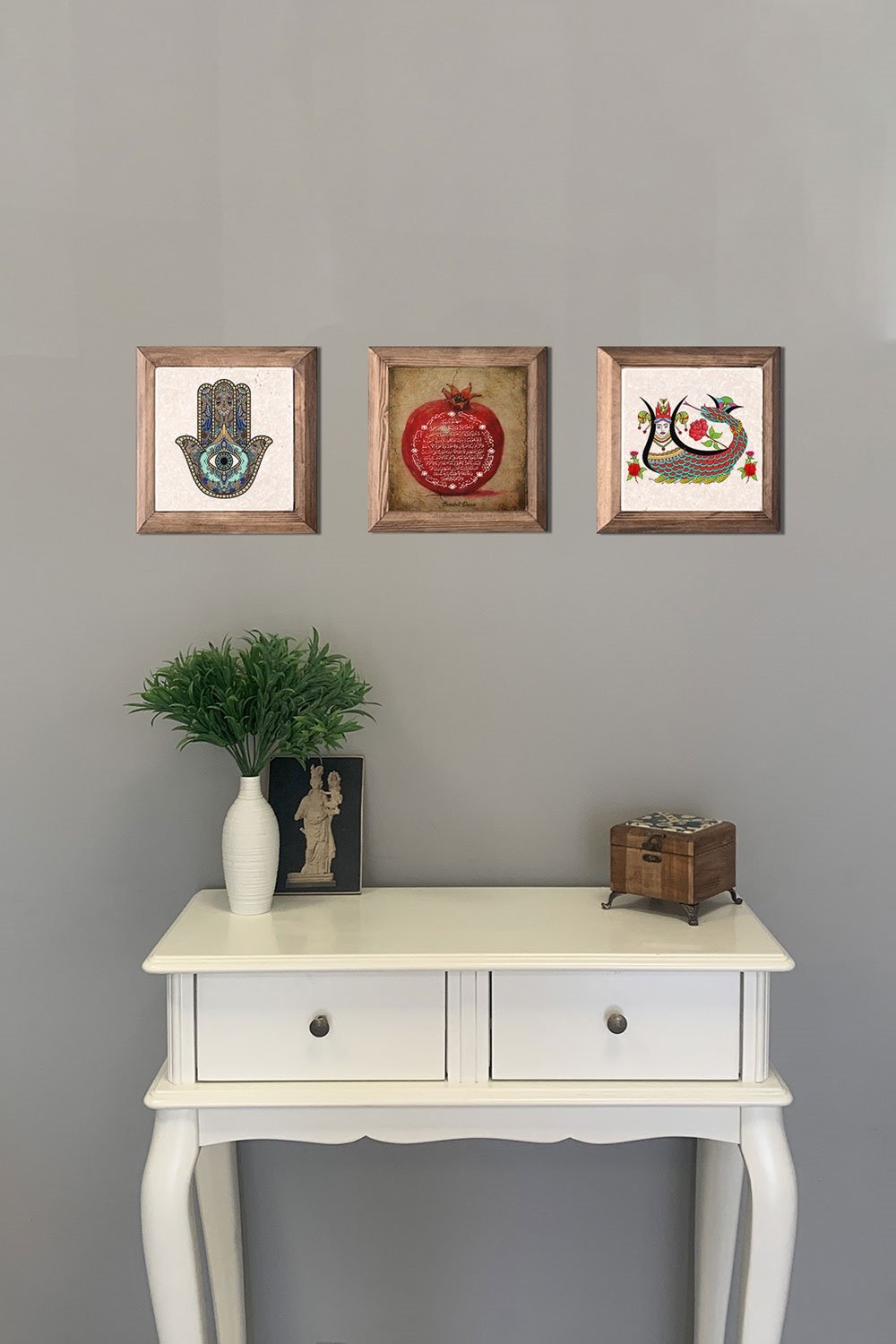 Oscar Stone Decor Masif (Ahşap) Çerçeveli 3lü Set Taş Tablo Pano 28x28 cm Nar Dua Fatma Ana Şahmeran