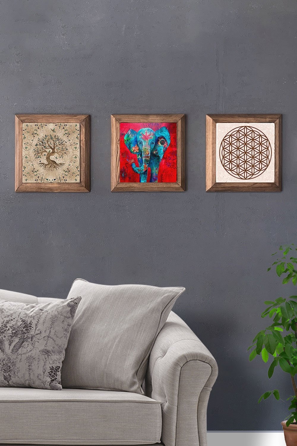 Oscar Stone Decor Masif (Ahşap) Çerçeveli 3'lü Set Taş Tablo Pano 28x28 cm Fil Hayat Ağacı