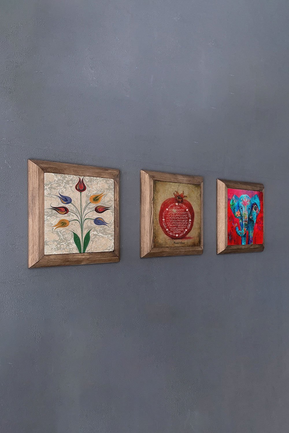 Oscar Stone Decor Masif (Ahşap) Çerçeveli 3'lü Set Taş Tablo Pano 28x28 cm Ebruli Nar Dua Fil