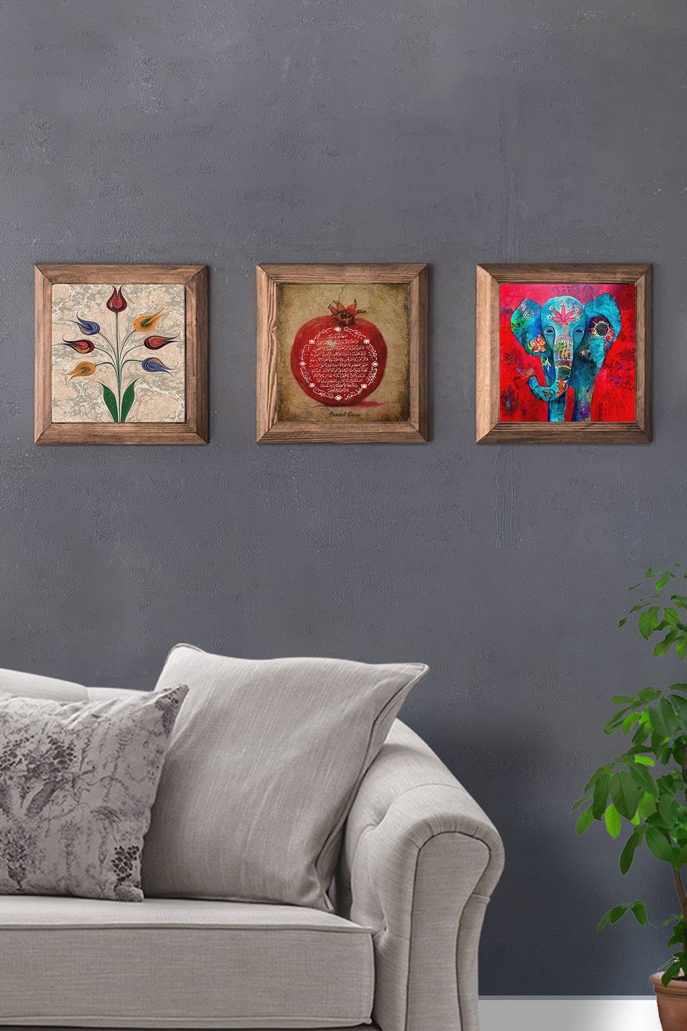 Oscar Stone Decor Masif (Ahşap) Çerçeveli 3'lü Set Taş Tablo Pano 28x28 cm Ebruli Nar Dua Fil